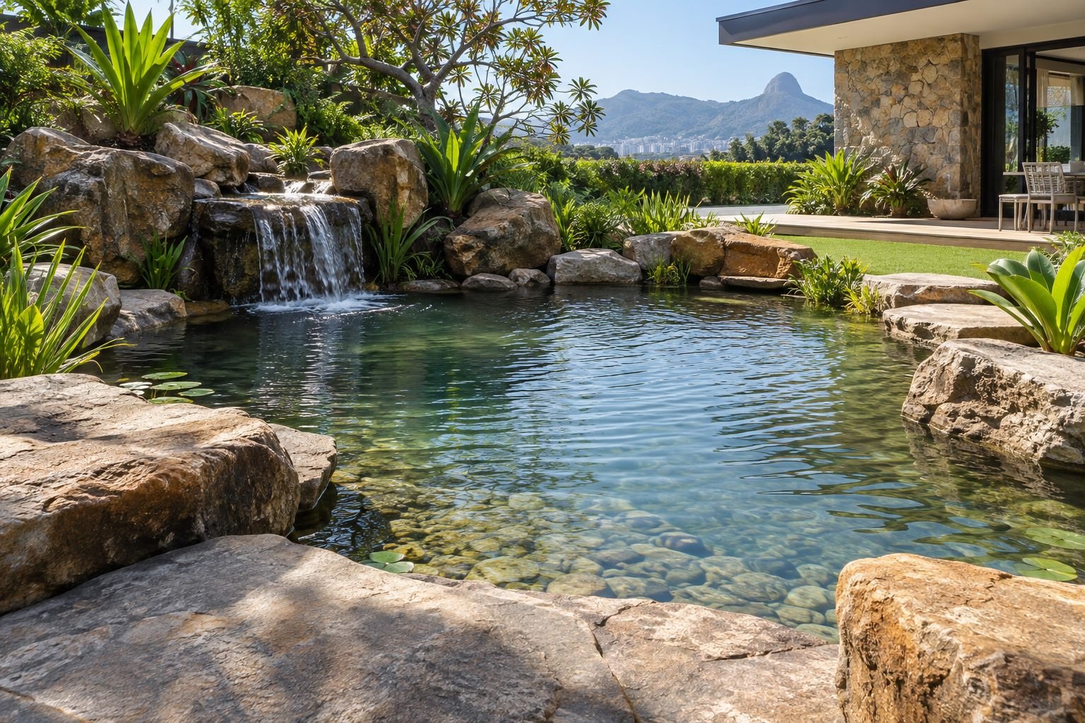 Exemplo ilustrativo de lago de jardim com borda em pedra natural